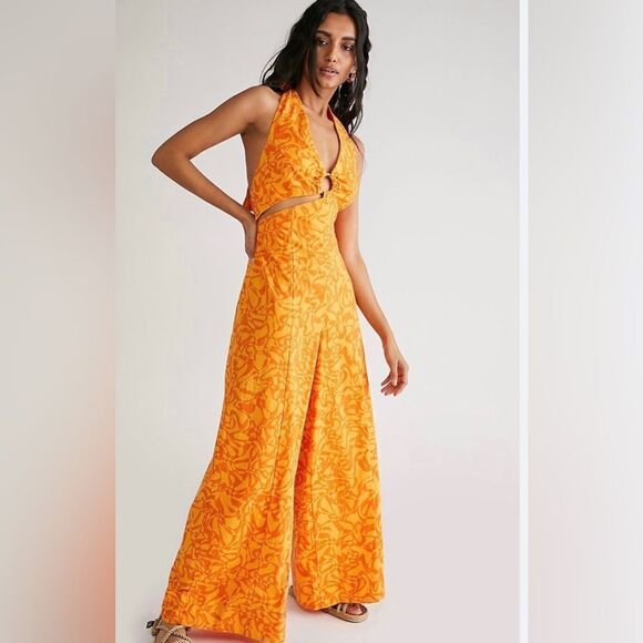 Free People Kira Jumpsuit Yellow/orange 
 Wide Leg Retro size S 
NWT - Picture 1 of 8